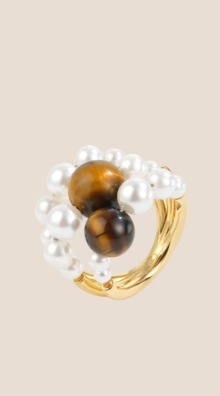 Vintage Firework Tiger Eye Pearl Ring