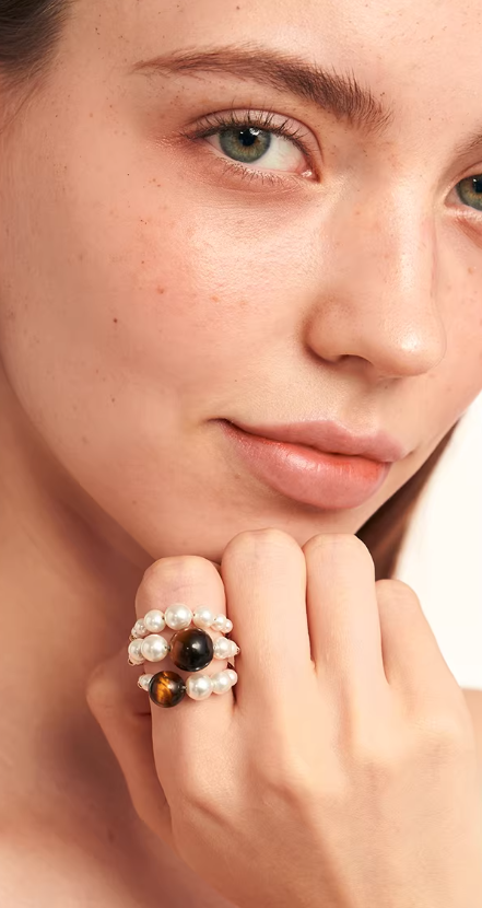 Vintage Firework Tiger Eye Pearl Ring